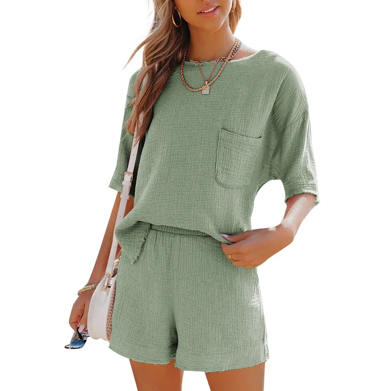 The new summer ladies fashion casual solid color pocket bubble cotton linen two pieces set
The new summer ladies fashion casual solid color pocket bubble cotton linen two pieces set