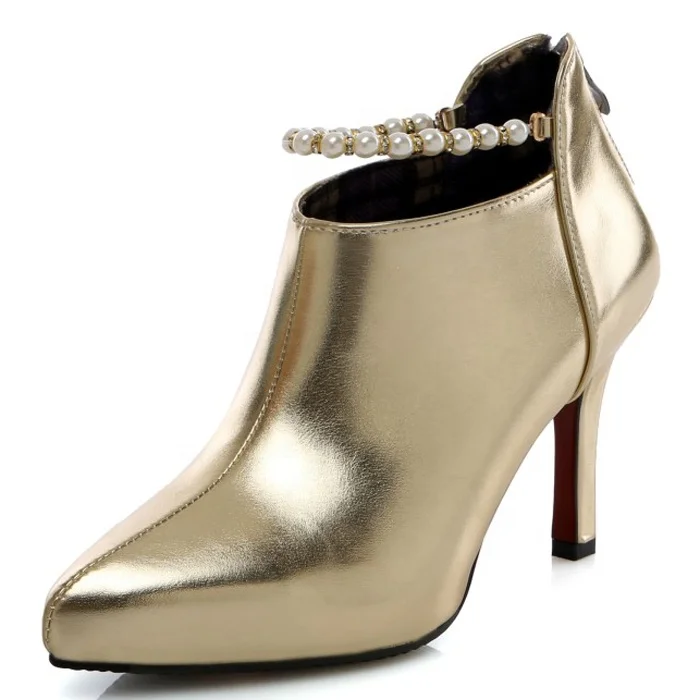 Women High Heel Ankle Boots Bright Leather Pearl Beads Booties Thin Heel Stiletto Lady Dress Zip up Short Boots, Gold silver red darkgrey
Women High Heel Ankle Boots Bright Leather Pearl Beads Booties Thin Heel Stiletto Lady Dress Zip up Short Boots, Gold silver red darkgrey