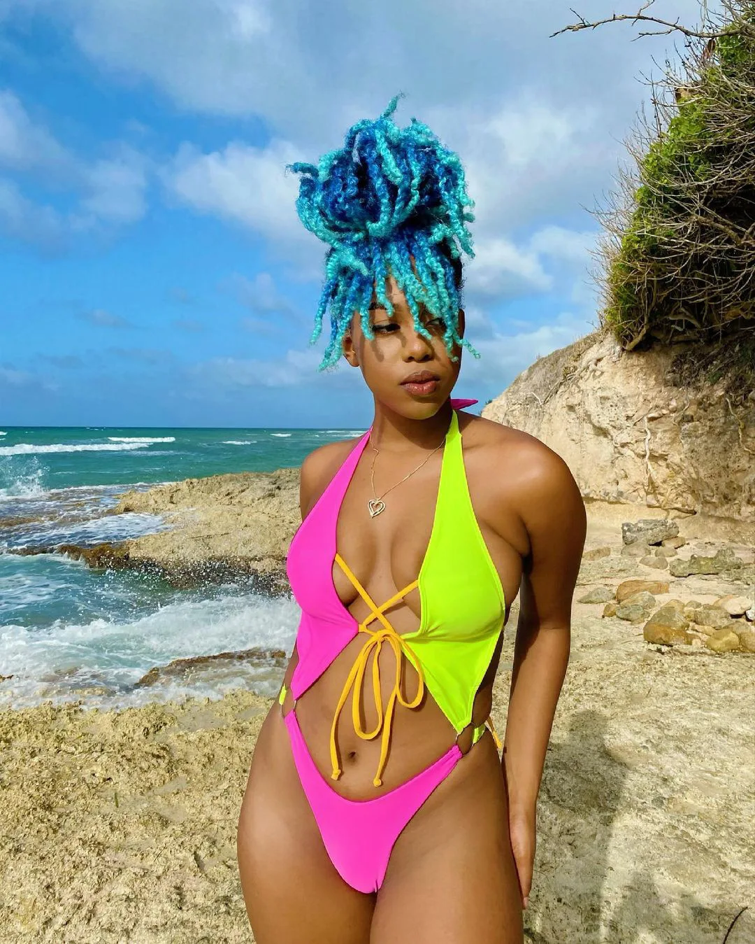 

Sexy Beach Wear Women Color Block One Piece Swimsuit Strappy High Waist Cutout Swimwear