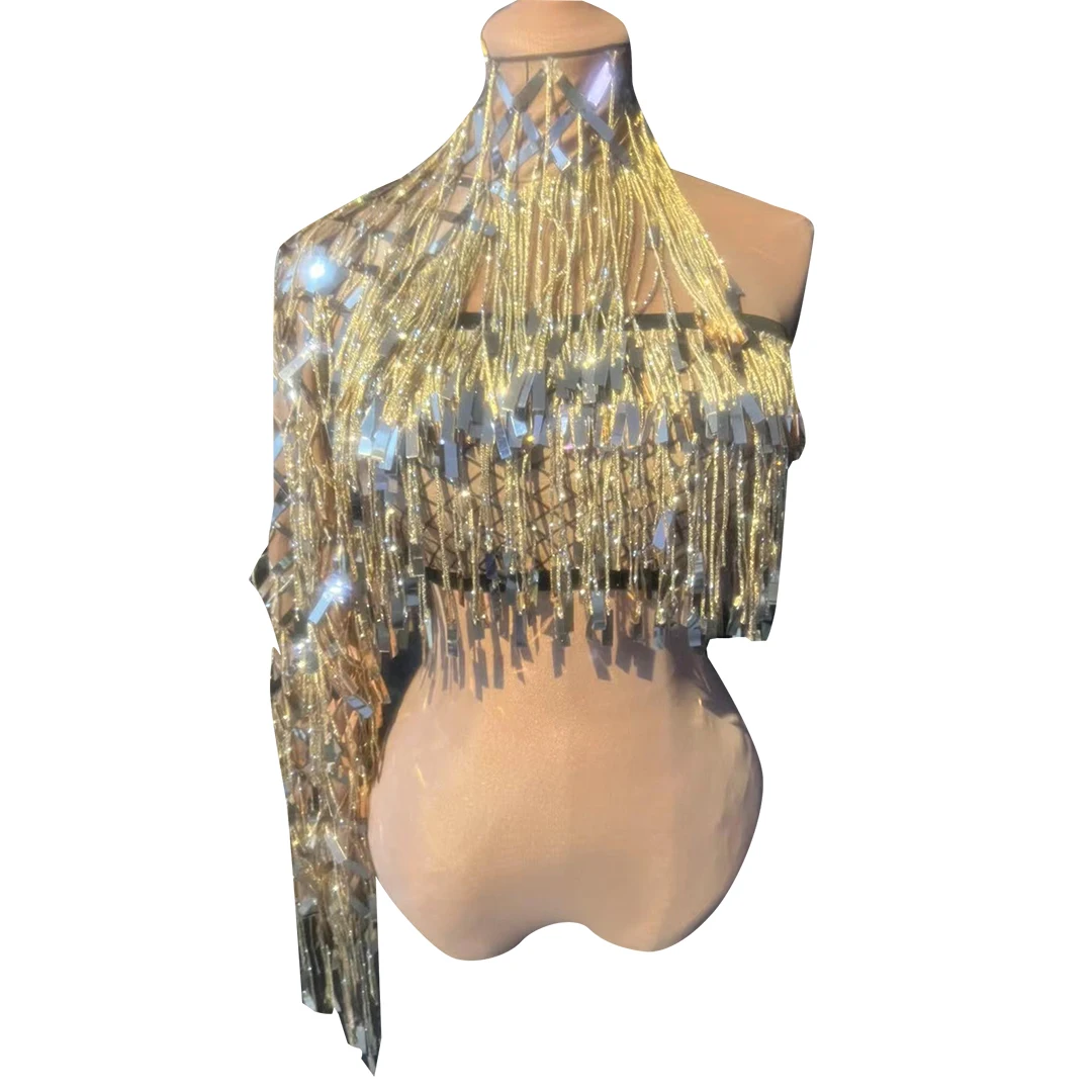 Sexy Gold Sequins Tassel Single Sleeve Formfitting Tops Club Party Outfit Sets Women Stage Costume Performance Exotic Dance Wear
Sexy Gold Sequins Tassel Single Sleeve Formfitting Tops Club Party Outfit Sets Women Stage Costume Performance Exotic Dance Wear
