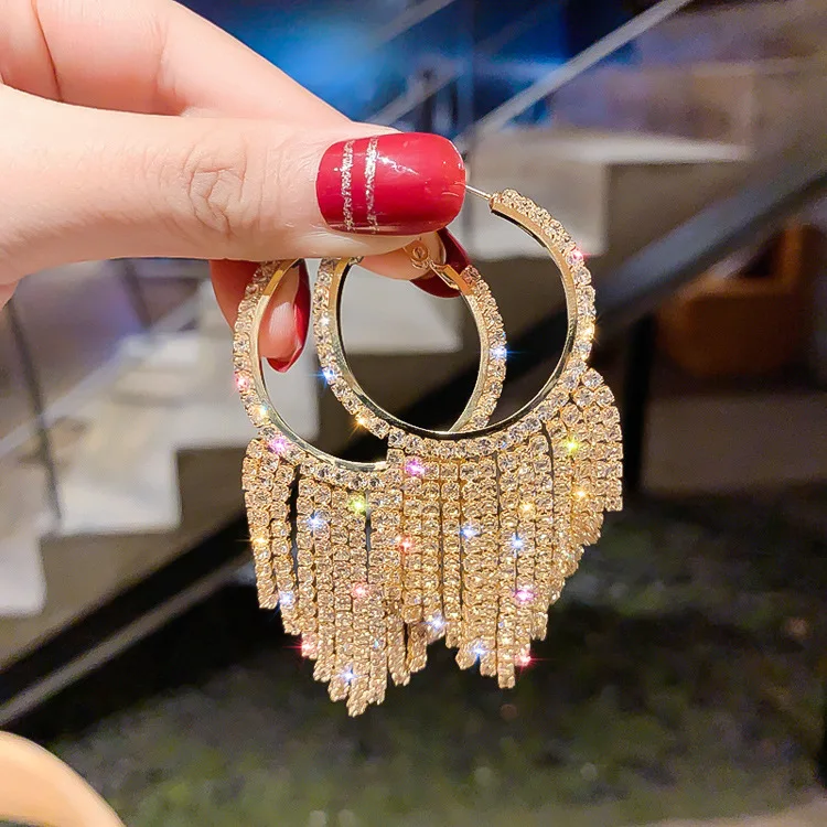 925 silver pin ladies full crystal circle hoop tassel earrings American chandelier exaggerated circle tassel earrings, Picture
925 silver pin ladies full crystal circle hoop tassel earrings American chandelier exaggerated circle tassel earrings, Picture