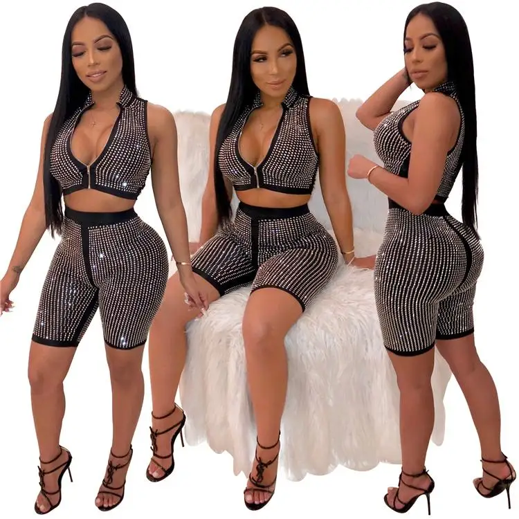 2021 sexy women's sleeveless vest shorts 2-piece set women's diamond slim shorts Club zipper 2-piece set, Customized color
2021 sexy women's sleeveless vest shorts 2-piece set women's diamond slim shorts Club zipper 2-piece set, Customized color