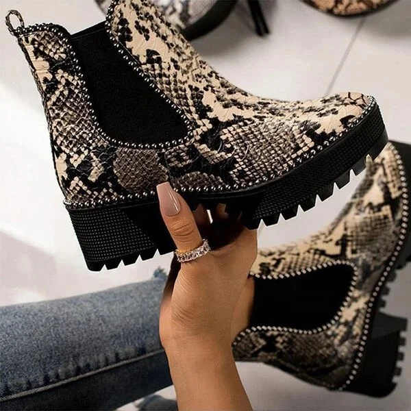 Round Toe Platform Women's Ankle Boots Slip On Anti-Slip Boots Fashion Snakeskin Print Thick Sole Short Booties for Girls
Round Toe Platform Women's Ankle Boots Slip On Anti-Slip Boots Fashion Snakeskin Print Thick Sole Short Booties for Girls
