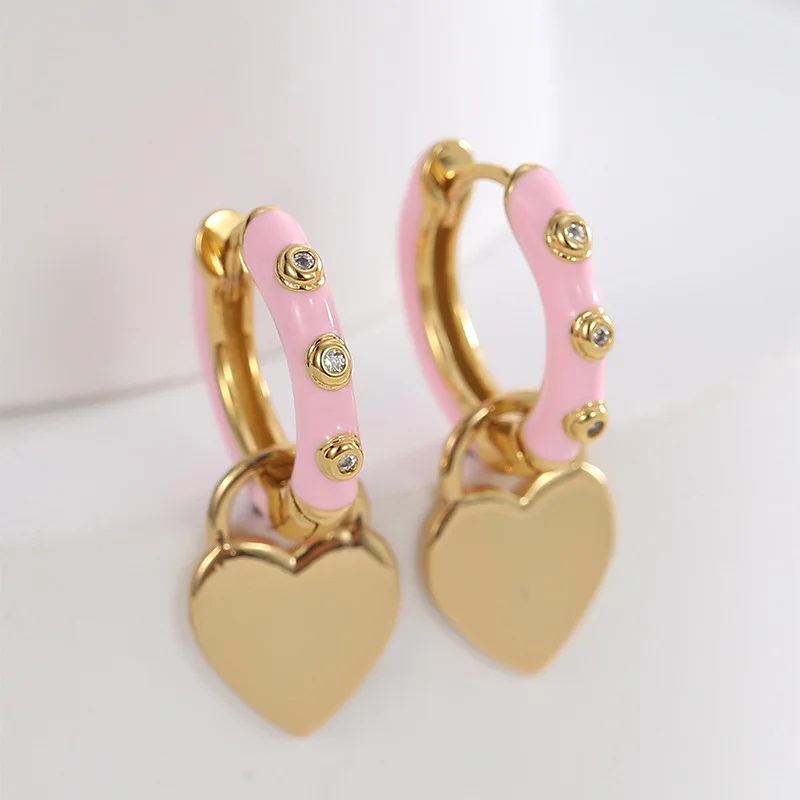 Fashionable Pink Dropping Oil Tiny White Zirconia Earrings Female Brass Gold Plated Sweet Cool Heart Shaped Pendant Earrings
Fashionable Pink Dropping Oil Tiny White Zirconia Earrings Female Brass Gold Plated Sweet Cool Heart Shaped Pendant Earrings