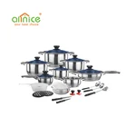 Kitchen Stainless Steel 25pcs Cookware Set for Induction Cooking Pot Pan with Blue Lid and Utensil Sets