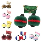 2020 Designers High Quality Furry Cartoon Comfortable Custom Flat Ladies Shoes Eva Fur Slippers Women Slides with Purse Set