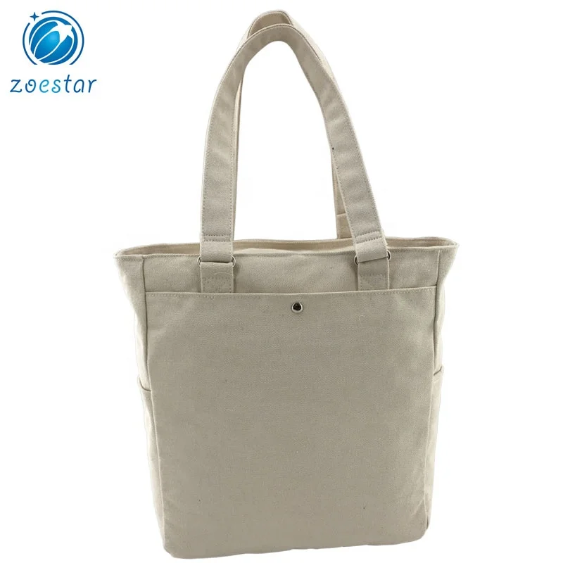 One Large Compartment Canvas Tote Shoulder Bag with Pockets Daily Shopping Bag