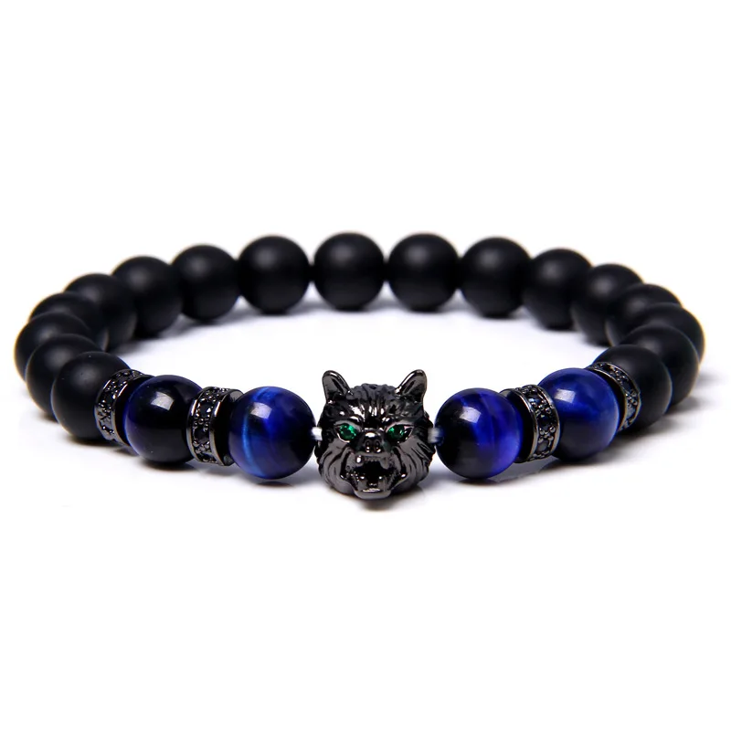 European Men Jewelry 8mm Natural Blue Tiger Eye Stone Beaded Bracelet Micro CZ Zircon Wolf Head Beaded Charm Bracelet
European Men Jewelry 8mm Natural Blue Tiger Eye Stone Beaded Bracelet Micro CZ Zircon Wolf Head Beaded Charm Bracelet