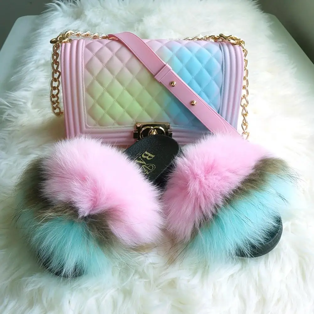 GW 2020 Factory wholesale PVC Rainbow Jelly Handbag ladies raccoon fur slippers with handbags women soft real fox fur slides
GW 2020 Factory wholesale PVC Rainbow Jelly Handbag ladies raccoon fur slippers with handbags women soft real fox fur slides
