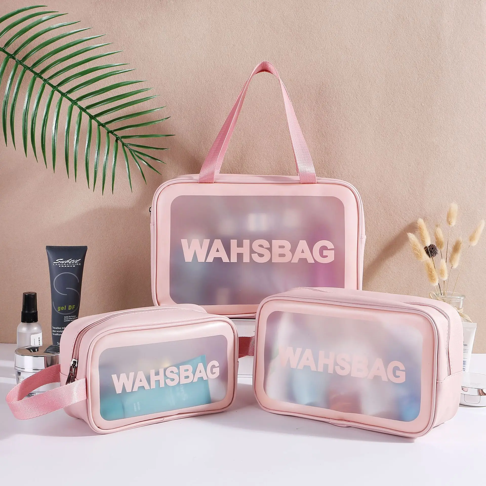 Female waterproof PU leather and pvc transparent makeup cosmetic bag wash bag for travel, Pink, white, black
Female waterproof PU leather and pvc transparent makeup cosmetic bag wash bag for travel, Pink, white, black