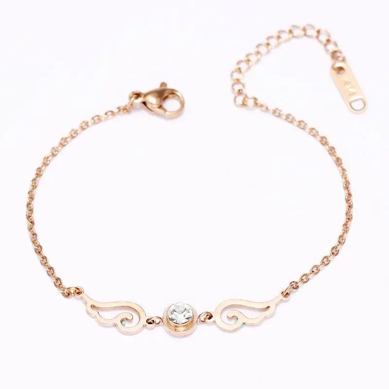 Stylish Rose Gold Plated Stainless Steel Hollow Wing Pendant Zircon Fashion Accessories Adjustable Chain Bracelet
Stylish Rose Gold Plated Stainless Steel Hollow Wing Pendant Zircon Fashion Accessories Adjustable Chain Bracelet