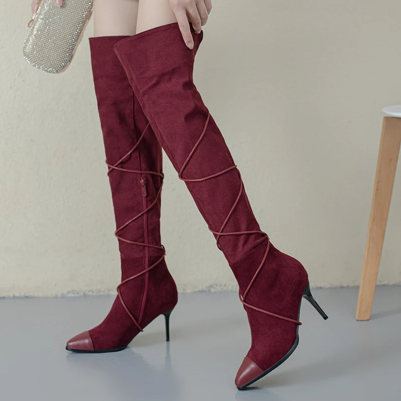 Women Thin High Heel Faux Suede Boots Fashion Sexy Thigh High Boots With Zipper Above Knee, Black wine red
Women Thin High Heel Faux Suede Boots Fashion Sexy Thigh High Boots With Zipper Above Knee, Black wine red