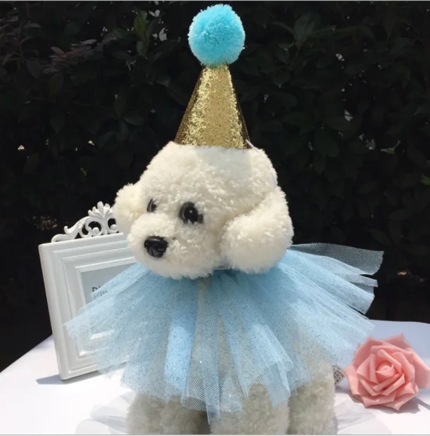 New pet birthday hat dog cat party cute headdress pet lovely princess lace neck, Blue