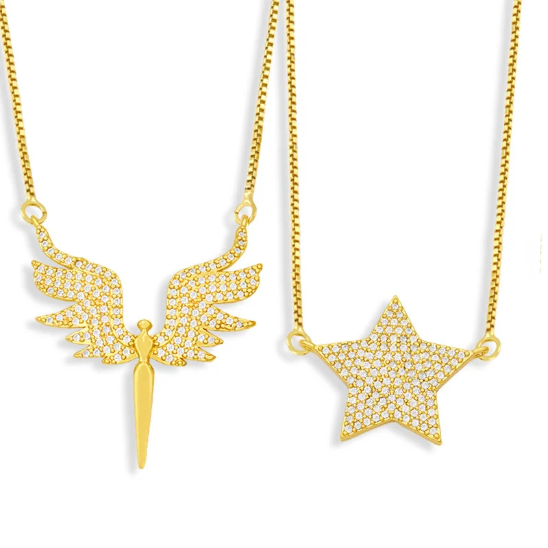 Cubic Zirconia Angel Wings Pendant Necklace Fashion Star Cuban Choker Women Necklace 18K Gold Plated Brass Link Chain, Gold color necklace
Cubic Zirconia Angel Wings Pendant Necklace Fashion Star Cuban Choker Women Necklace 18K Gold Plated Brass Link Chain, Gold color necklace