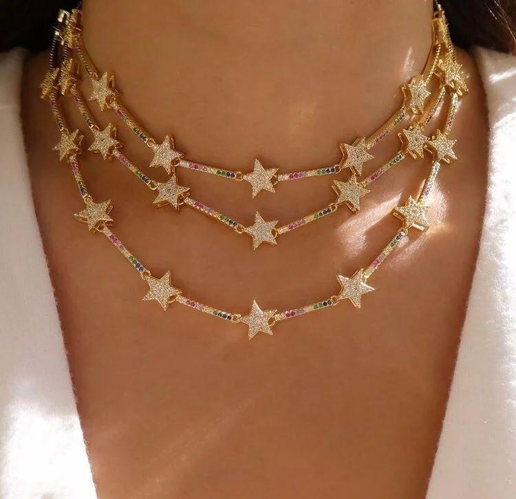Fashion new gold-plated five-pointed star rainbow jewelry micro-encrusted creative female necklace, Multi color
Fashion new gold-plated five-pointed star rainbow jewelry micro-encrusted creative female necklace, Multi color