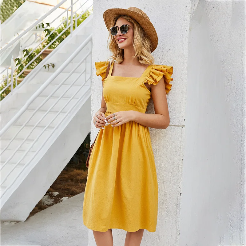 New sleeveless stitching ruffle sleeve square collar yellow solid color open back lace dress
New sleeveless stitching ruffle sleeve square collar yellow solid color open back lace dress