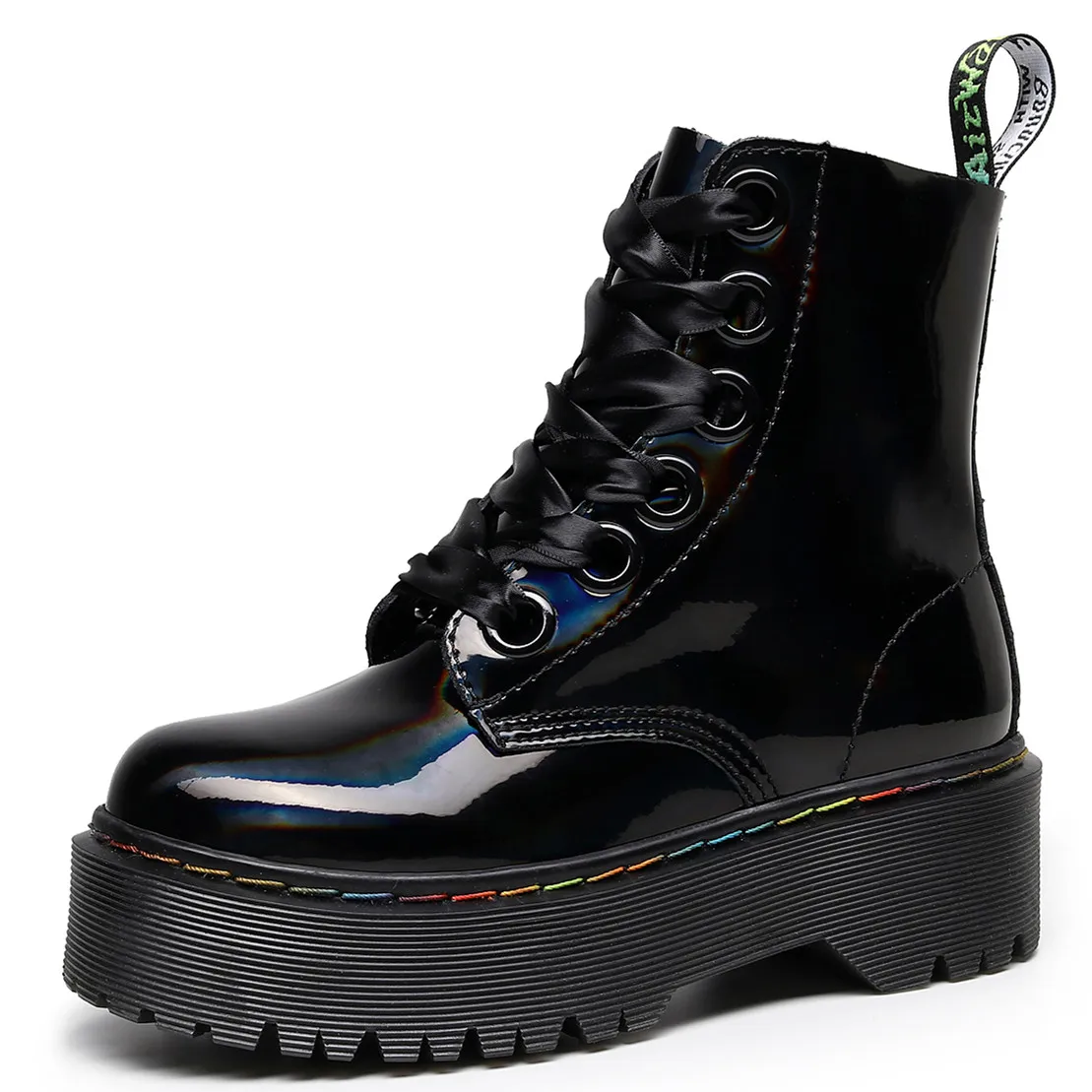 Rainbow Molly Thick Sole 6 Holes Martens Boots Side Zipper Laser Muffin Sole Ankle Leather Boots For Ladies, Black
Rainbow Molly Thick Sole 6 Holes Martens Boots Side Zipper Laser Muffin Sole Ankle Leather Boots For Ladies, Black