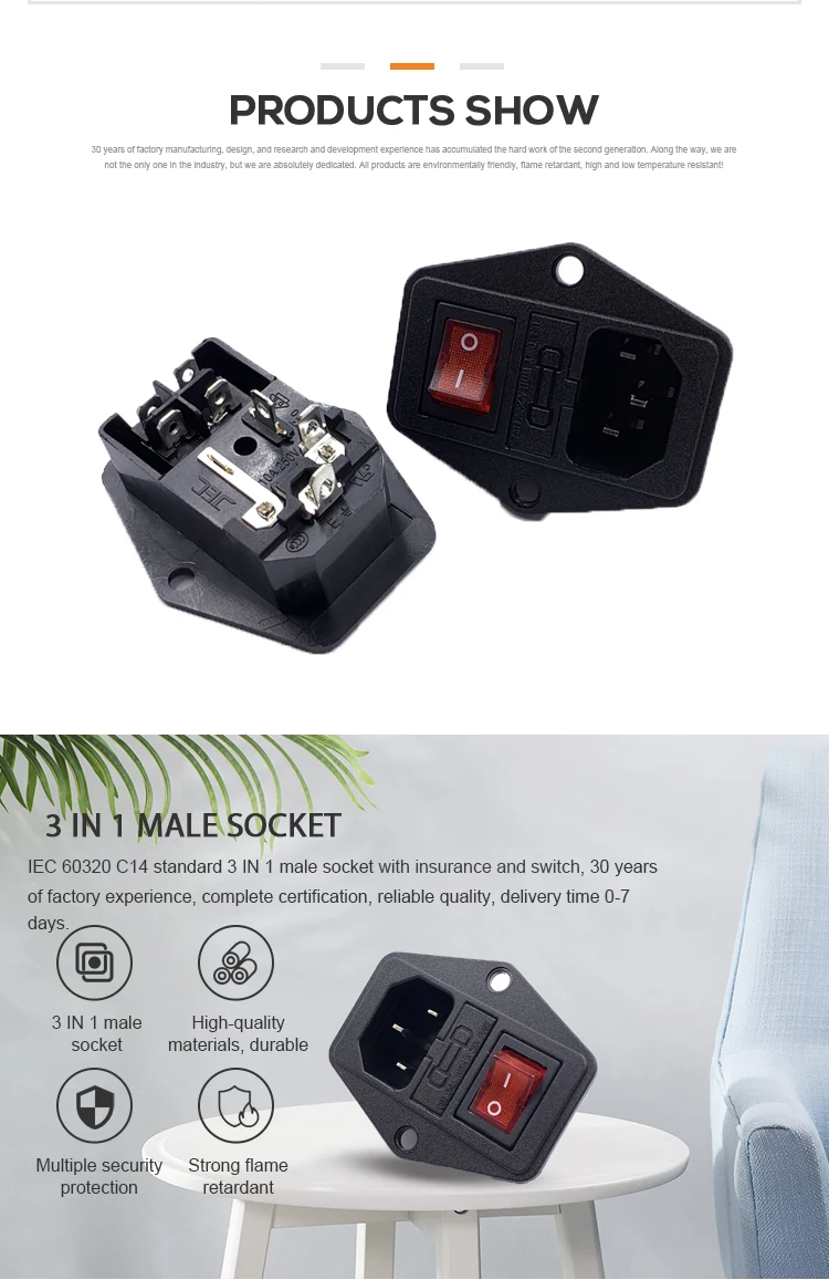 Hot Sales JEC 3 in 1 Male AC Power Red Switch And Insurance Socket 10A 250V
