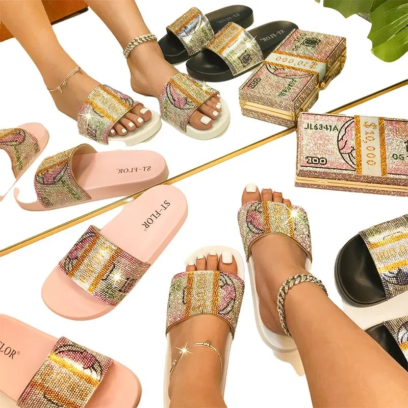 American Style Bling Rhinestone Dollar Bag Flat-bottom Slippers For Women Money Purse Evening Bag And Shoes Set, 2 color
American Style Bling Rhinestone Dollar Bag Flat-bottom Slippers For Women Money Purse Evening Bag And Shoes Set, 2 color