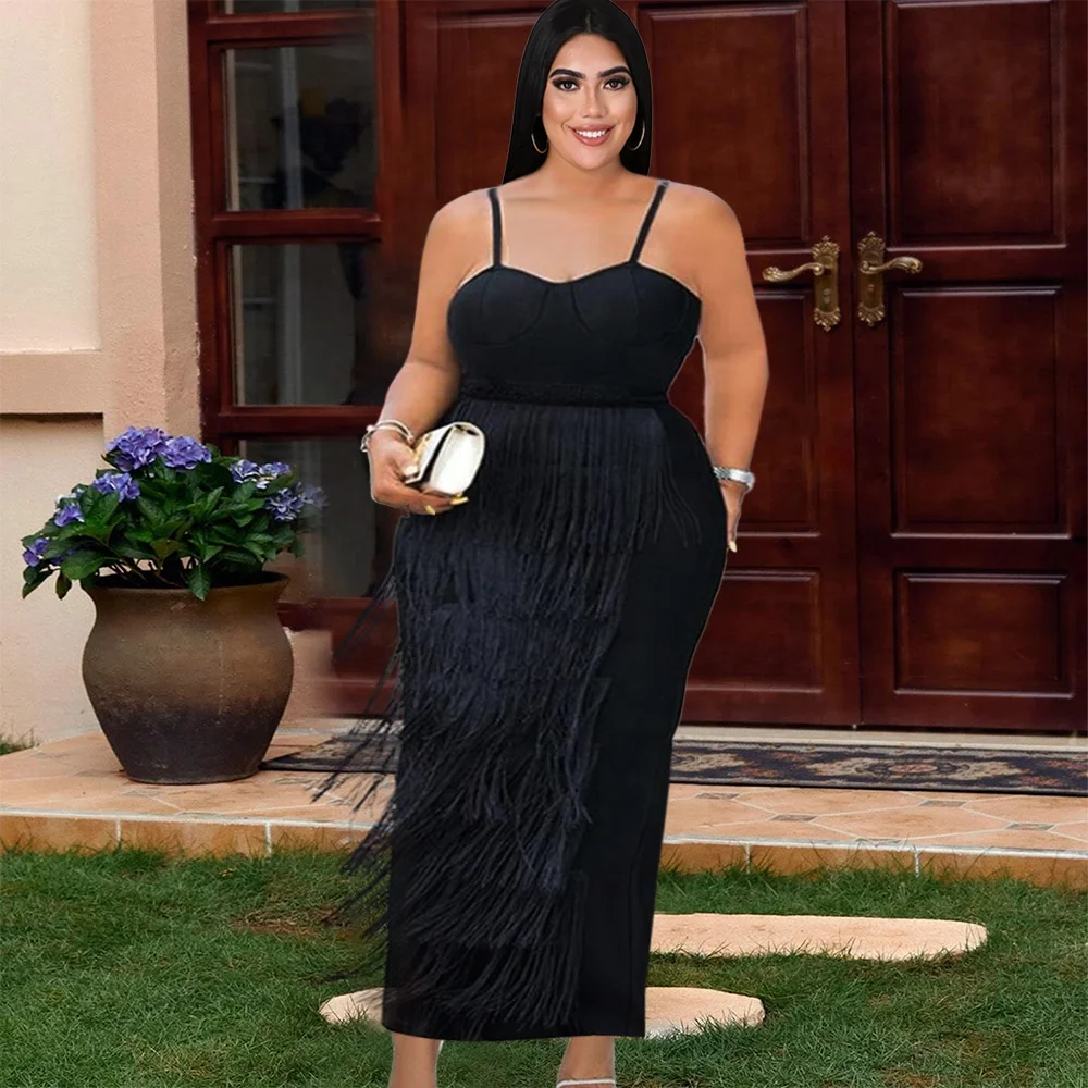 NS-AM211124 Sexy strap sleeveless fringe party dress Black plus-size women's dress 4XL
NS-AM211124 Sexy strap sleeveless fringe party dress Black plus-size women's dress 4XL