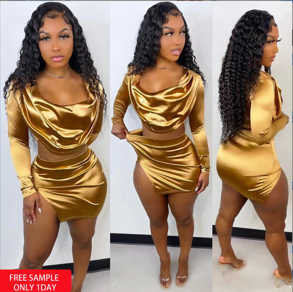 Factory Selling Summer Golden Full Sleeve High Waist Slit Skirt Club Women Two Piece Dress
Factory Selling Summer Golden Full Sleeve High Waist Slit Skirt Club Women Two Piece Dress