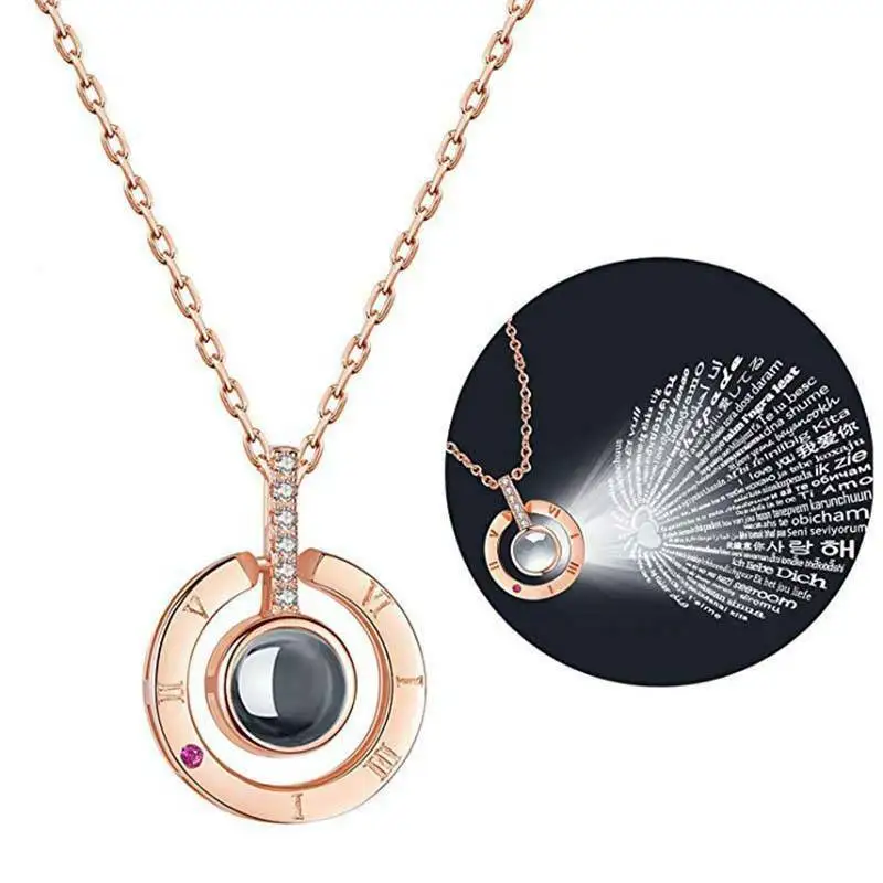 100 Languages I Love You Women Necklace Rose Gold Round Pendant Collarbone Necklace with Projection
100 Languages I Love You Women Necklace Rose Gold Round Pendant Collarbone Necklace with Projection