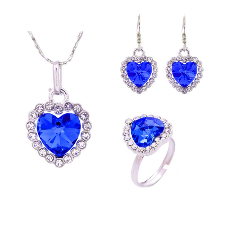 

Silver Titanic Heart of Ocean Necklaces for Women Peach Heart Blue Crystal Ring EarringJewelry Sets Female