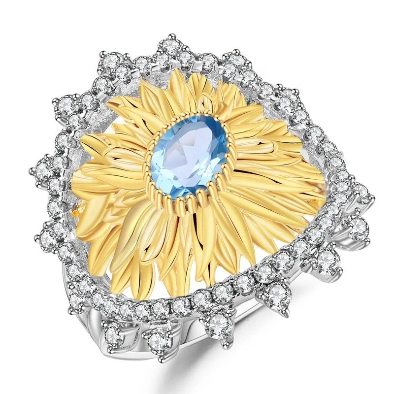 C7614 Abiding Natural Swiss Blue Topaz 925 Sterling Silver Gold Pated Sunflower Wholesale Fashion thailand Style women Ring Jewelry
C7614 Abiding Natural Swiss Blue Topaz 925 Sterling Silver Gold Pated Sunflower Wholesale Fashion thailand Style women Ring Jewelry