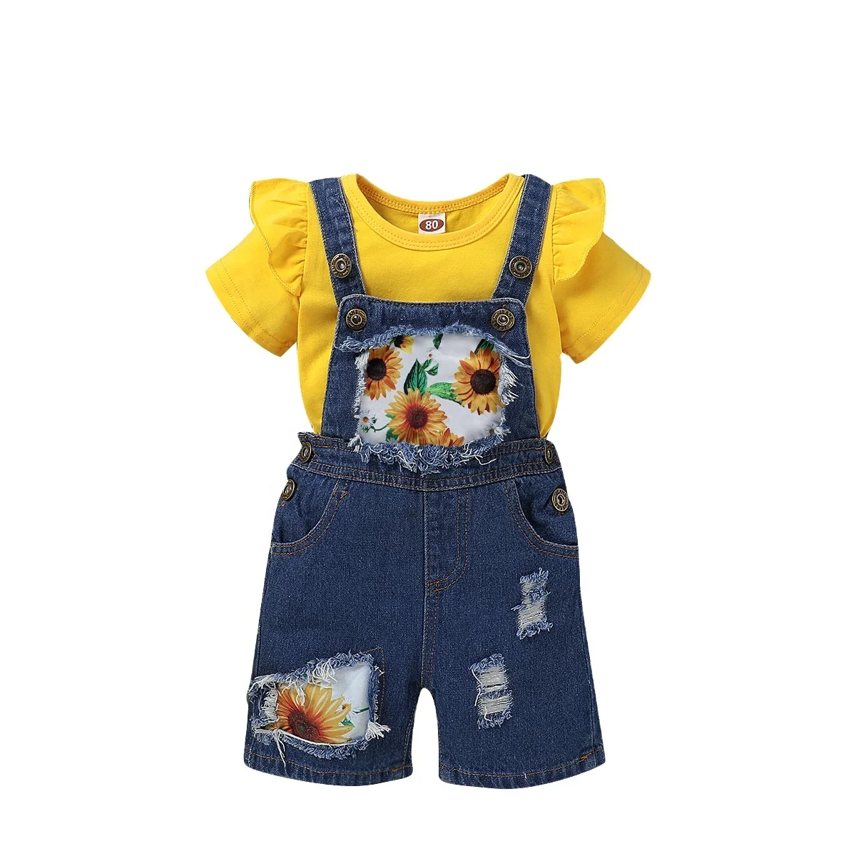 Solid Color Short Sleeved Top and Sunflower Print Ripped Suspender Jeans Girl Clothes Set, Yellow
Solid Color Short Sleeved Top and Sunflower Print Ripped Suspender Jeans Girl Clothes Set, Yellow