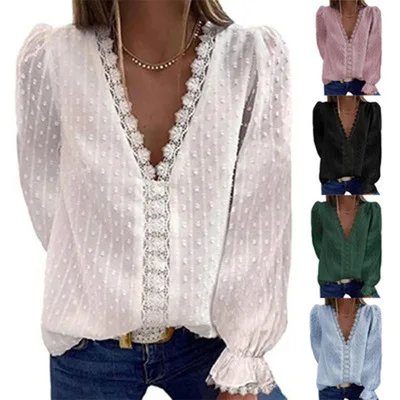 2021 new solid color V-neck chiffon shirt embroidered lace long sleeve blouse women
2021 new solid color V-neck chiffon shirt embroidered lace long sleeve blouse women