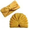 Q533 Toddler Solid Knitted Crochet Headwrap Beanie Set 2pcs Infant Headband Wool Hairband Turban Winter Hats
