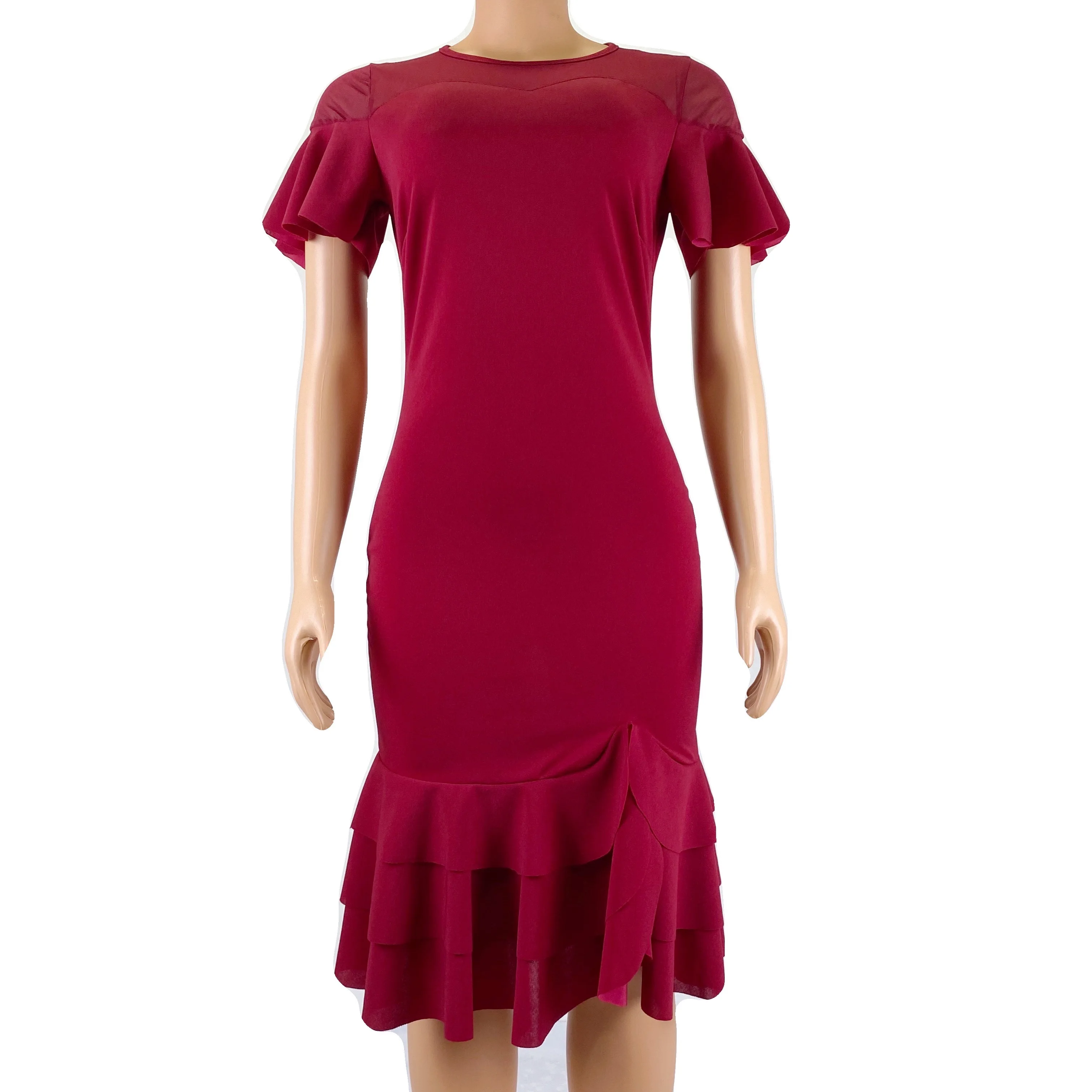 ladies clothing Women's wear stretchy Mesh Patchwork O-Neck Short Sleeve Ruffles ruched stretch party bodycon dress, Customized color 
ladies clothing Women's wear stretchy Mesh Patchwork O-Neck Short Sleeve Ruffles ruched stretch party bodycon dress, Customized color