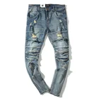 RTS product in stock high quality casual blue washed men knee ripped skinny slim fit jeans stretchy biker denim trousers