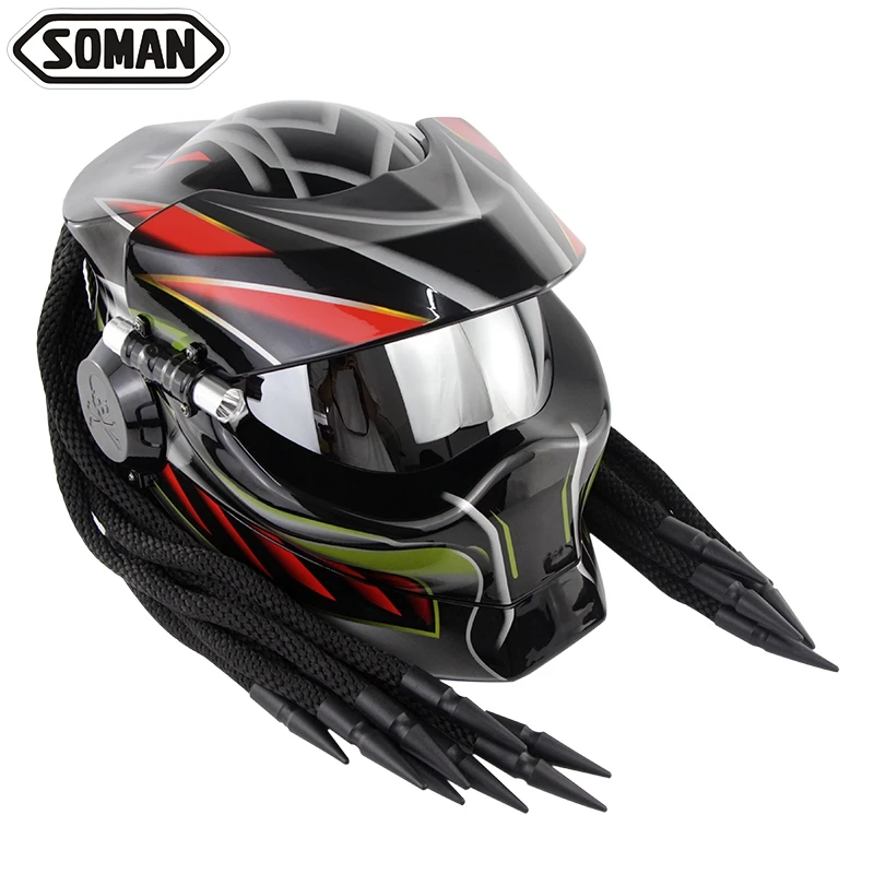 Novedad depredador de cara completa para motocicleta cascos Flip con trenza de la bici del Motor casque lente de plata Soman 958
