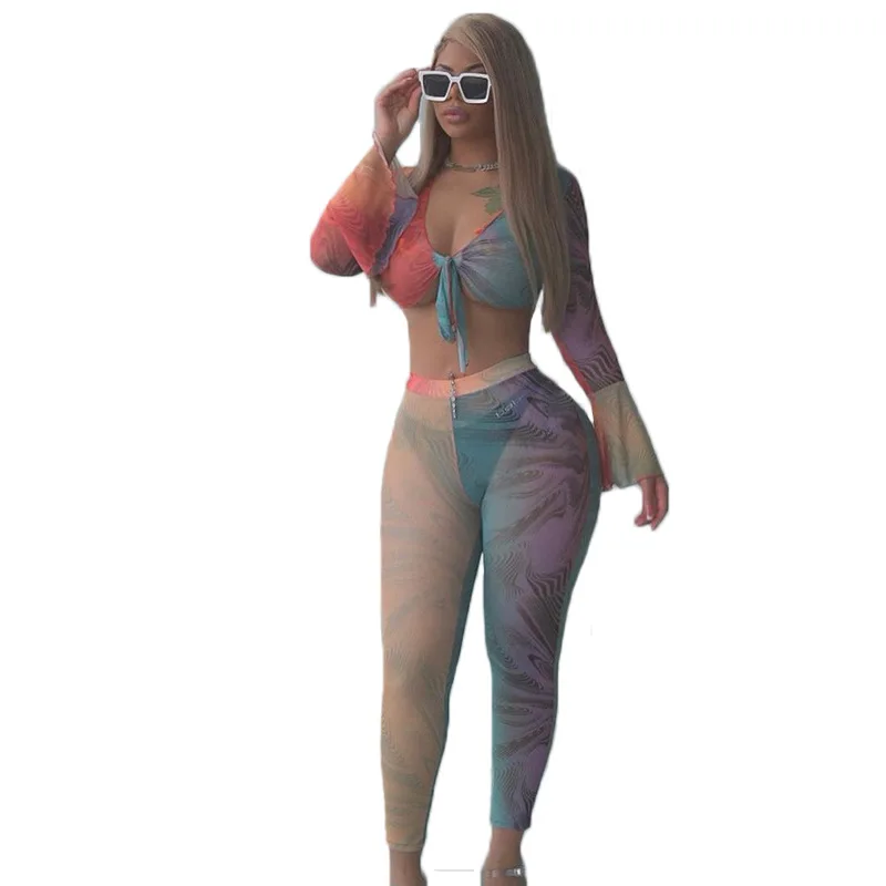 Printed Mesh 2021 Spring Crop Top Pants Set Long Flared Sleeve Transparent Sexy Two Piece Sets Women, As picture
Printed Mesh 2021 Spring Crop Top Pants Set Long Flared Sleeve Transparent Sexy Two Piece Sets Women, As picture