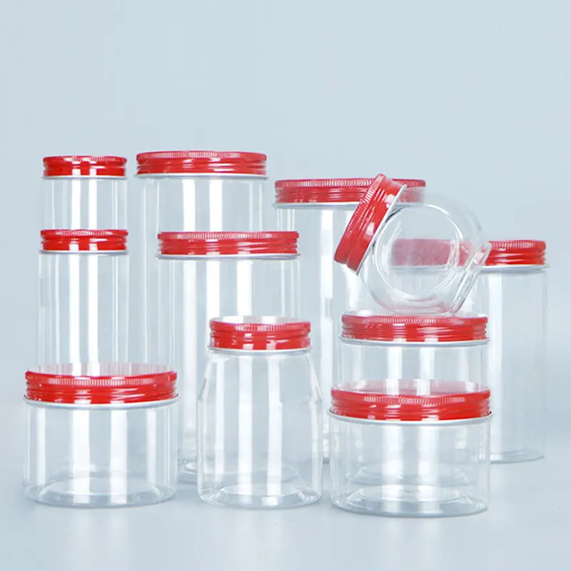 Cylinder Food storage container box with red lid clear body Plastic storage bottles with aluminum lid
Cylinder Food storage container box with red lid clear body Plastic storage bottles with aluminum lid
