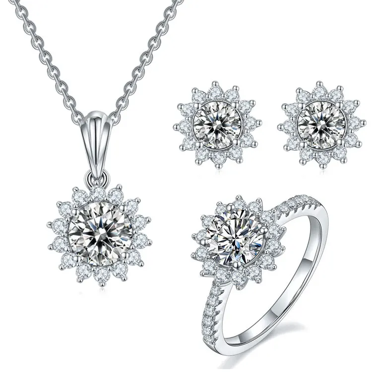 

SC S925 Sterling Silver Bridal Wedding Jewelry Set D Grade Luxury 1 ct Moissanite Sunflower Necklace Earrings Rings Sets Women