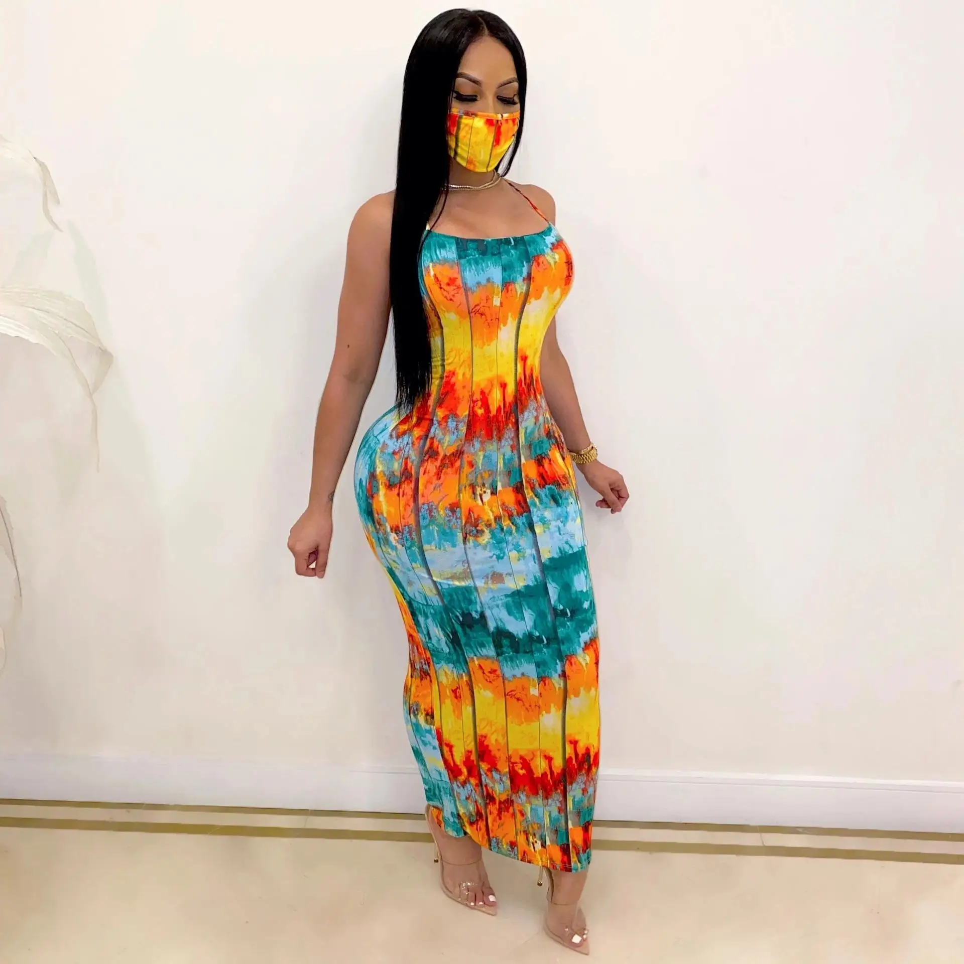 2021 Women Summer Clothes Strapless Sleeveless Printed String Long Dresses Colorful Tie Dye Maxi Dress with Facecover, Picture color
2021 Women Summer Clothes Strapless Sleeveless Printed String Long Dresses Colorful Tie Dye Maxi Dress with Facecover, Picture color
