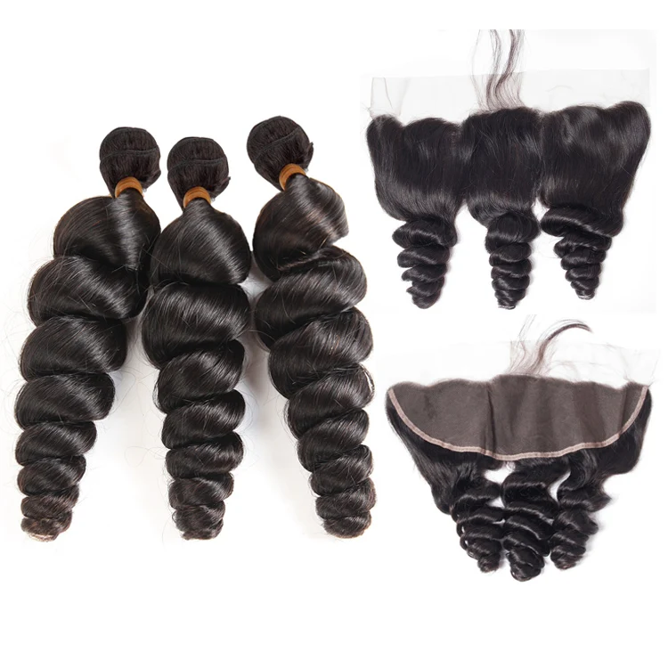 

Grade 10A Virgin Hair Brazilian Loose Wave 3 Bundles With PrePlucked HD Lace Frontal,Super Double Drawn Raw Human Hair Weft, Natural color can be dyed