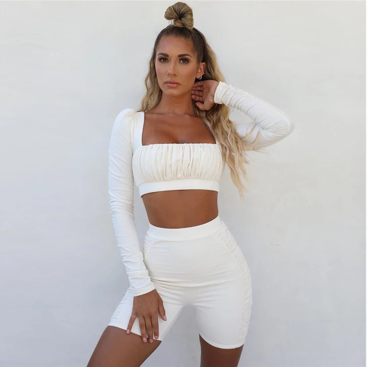 2 Layers Ruched Biker Shorts Set Women Long Sleeve Square Collar Crop Top Two Piece Set Solid Activewear Loungewear Set, White,gray
2 Layers Ruched Biker Shorts Set Women Long Sleeve Square Collar Crop Top Two Piece Set Solid Activewear Loungewear Set, White,gray