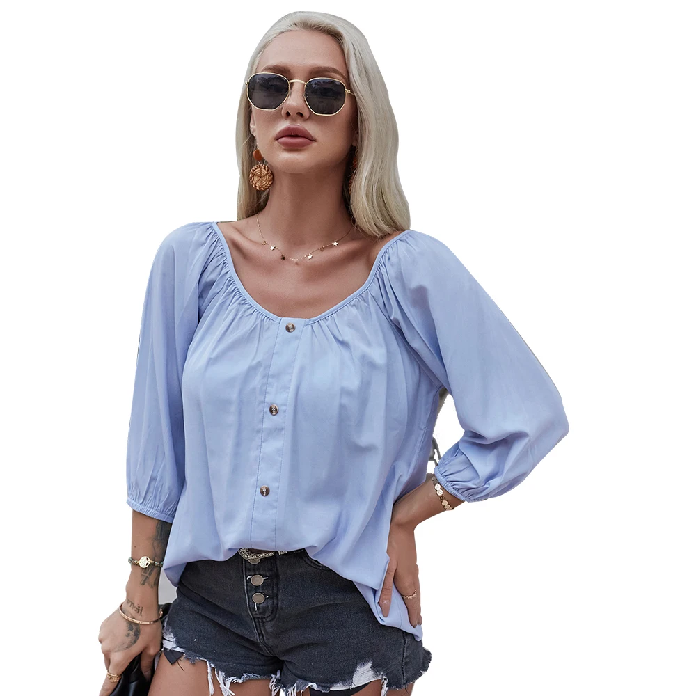 2021 Summer Women Solid Color Ruffle V-Neck Single Breasted Three Quarter Sleeve Blouse Elegant Women Tops, Shown
2021 Summer Women Solid Color Ruffle V-Neck Single Breasted Three Quarter Sleeve Blouse Elegant Women Tops, Shown