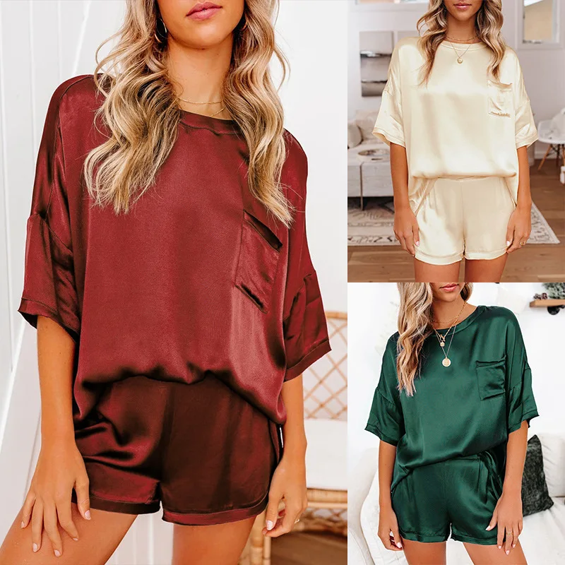 Satin pj set Crew Neck SleepWear Suits Neck Shorts Two Piece Sets Loose Nylon Solid Color Women Pajamas Set, Optional
Satin pj set Crew Neck SleepWear Suits Neck Shorts Two Piece Sets Loose Nylon Solid Color Women Pajamas Set, Optional