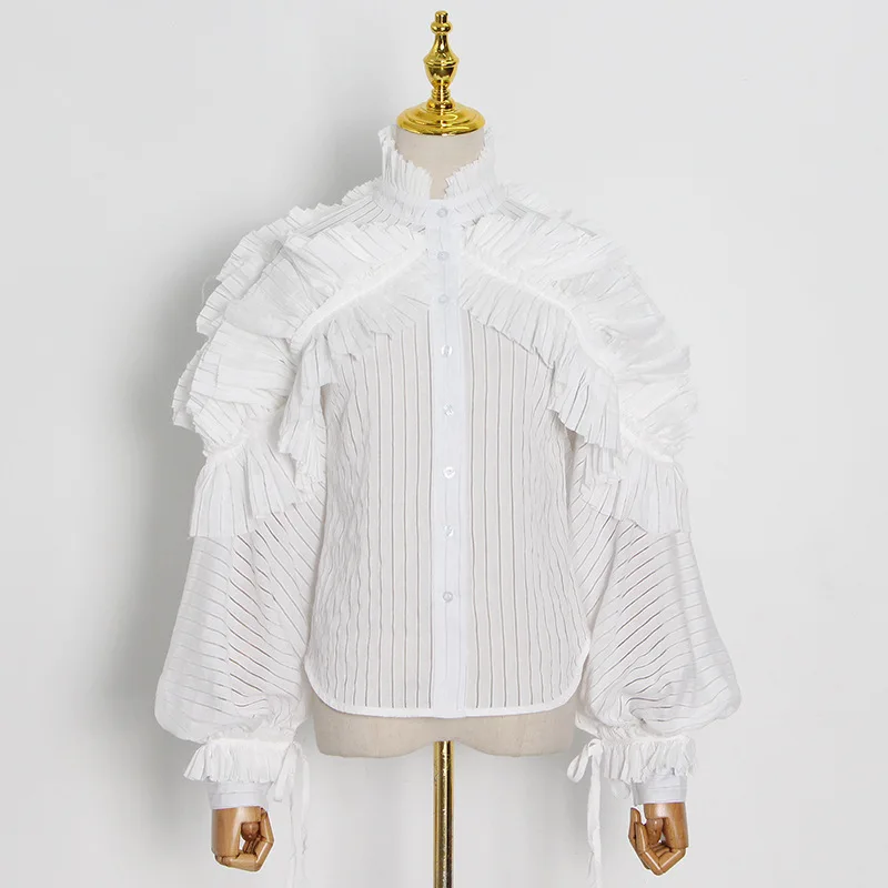 2020 Elegant Chiffon Ruffled Women Blouse Shirt stand collar Puff Sleeve White Female Top Blouse Ladies Office Wear Tops
2020 Elegant Chiffon Ruffled Women Blouse Shirt stand collar Puff Sleeve White Female Top Blouse Ladies Office Wear Tops
