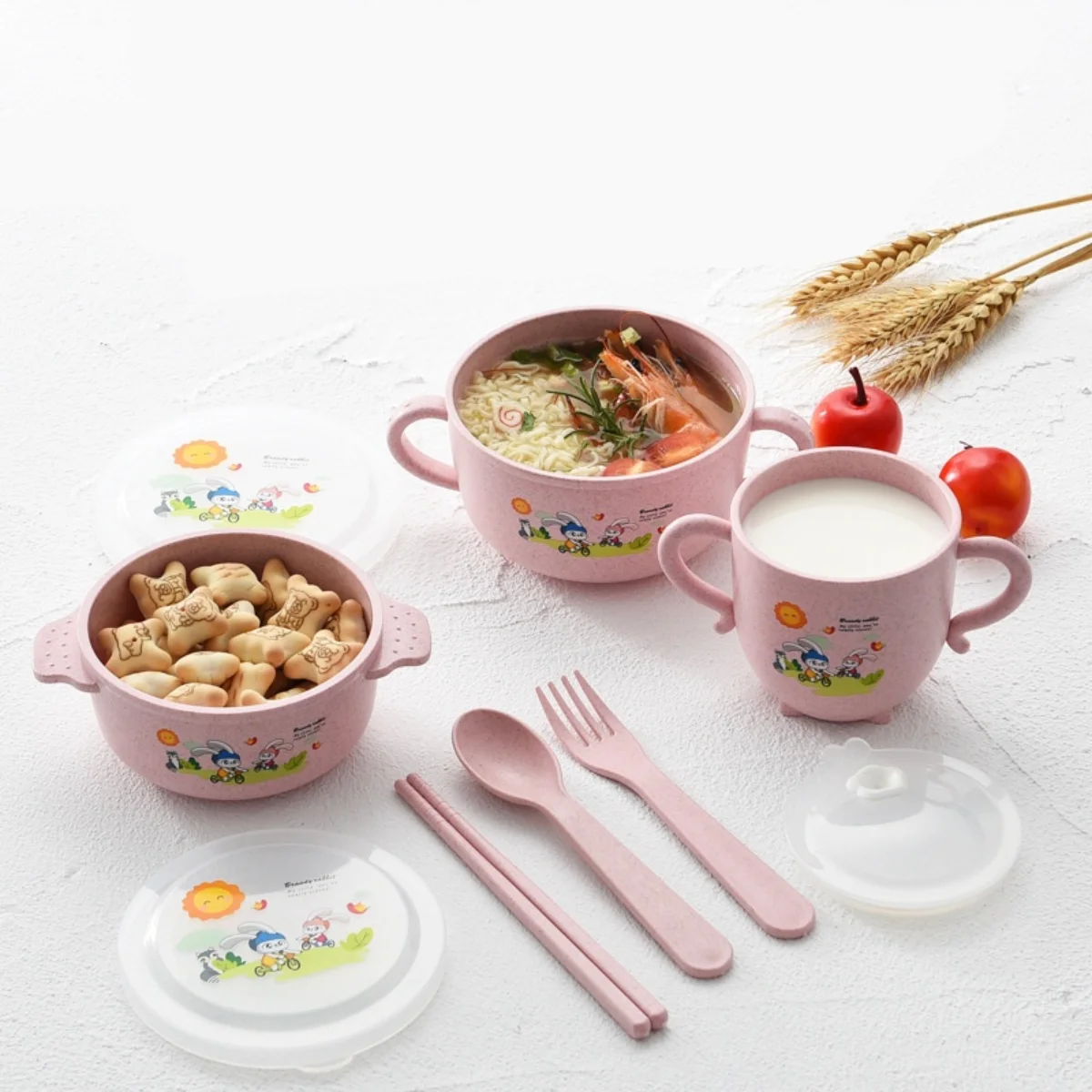 Wheat straw carrying cover children tableware complementary food spoon chopsticks fork six-piece gift set two-ear bowl, 4 colors or custom
Wheat straw carrying cover children tableware complementary food spoon chopsticks fork six-piece gift set two-ear bowl, 4 colors or custom