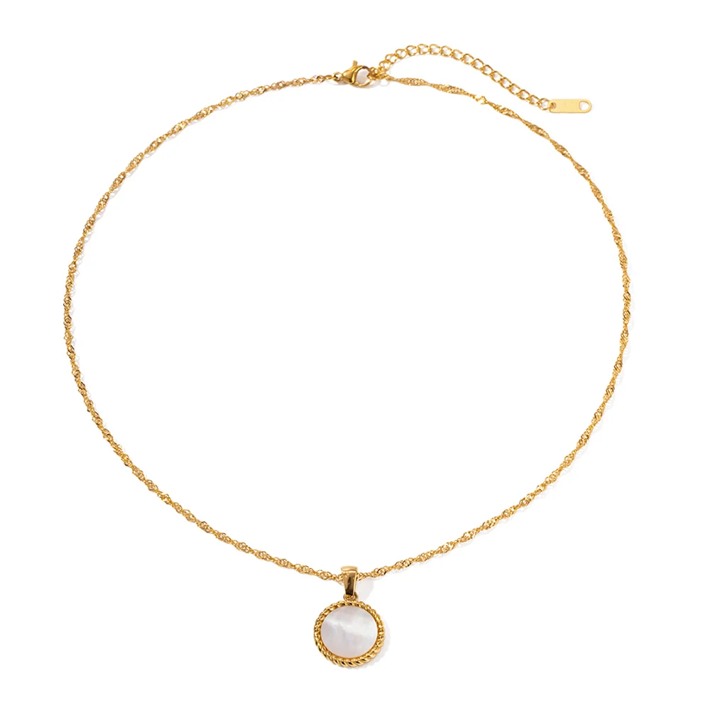 Summer Style Geometric Gold Plated White Shell Necklaces Stainless Steel Round Shell Pendant Necklace
Summer Style Geometric Gold Plated White Shell Necklaces Stainless Steel Round Shell Pendant Necklace