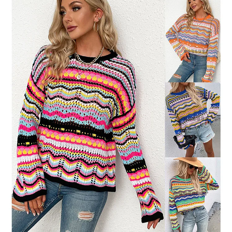 Drop Shipping Fall Sexy Loose Color Round Neck Tops Striped Long Sleeve Pullover Knit Sweater Women'S Sweaters, Customized color
Drop Shipping Fall Sexy Loose Color Round Neck Tops Striped Long Sleeve Pullover Knit Sweater Women'S Sweaters, Customized color