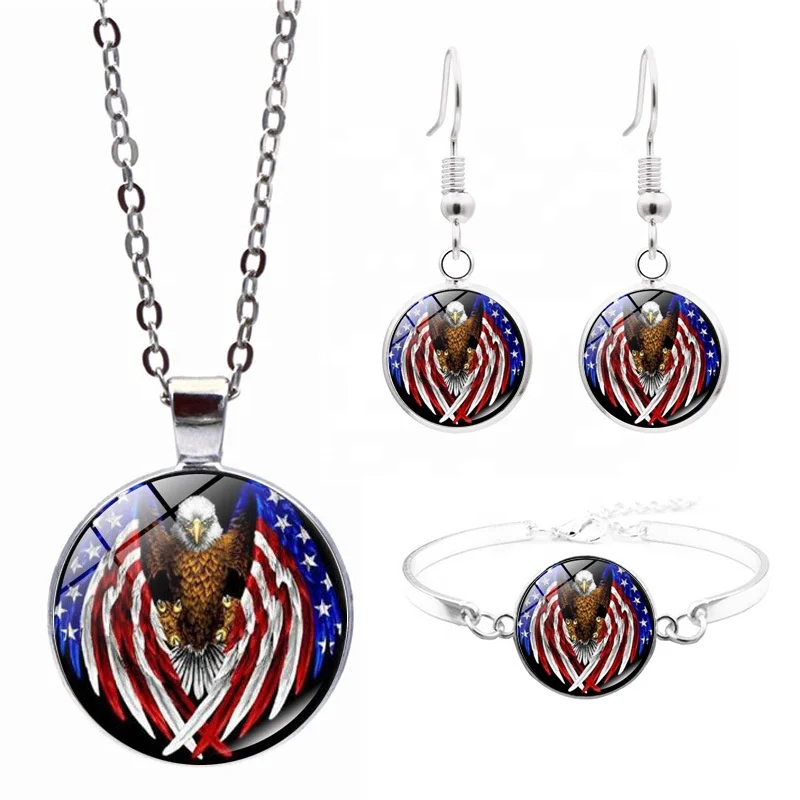 Wholesale Cheap Alloy American Flag Eagle Earrings Bracelet Necklace Jewelry Set for Women, As picture
Wholesale Cheap Alloy American Flag Eagle Earrings Bracelet Necklace Jewelry Set for Women, As picture