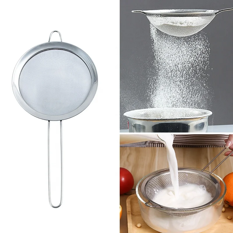 

Flour Sieve Colander Mesh Oil Strainer Stainless Steel Kitchen Sieves with Long handle, As picture