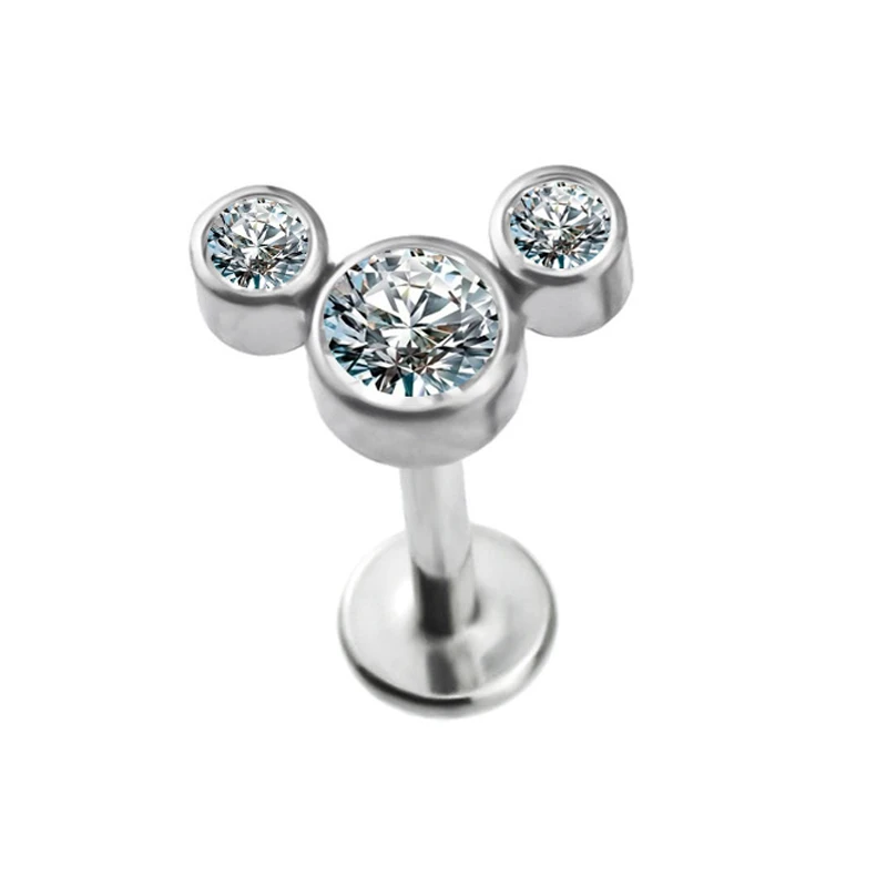 

GZN Titanium Body Piercing Lip Jewelry Ring Internally Threaded Bezel Set 3-CZ Stone Cluster Top Labret