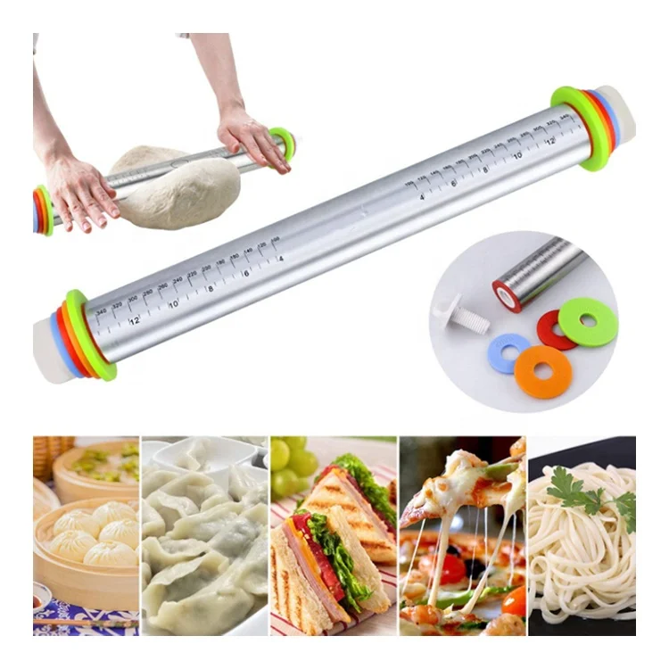

Stainless Steel Dough Roller Rolling Pin and Silicone Baking Pastry Mat Set with Adjustable Thickness Rings for Pizza Pie